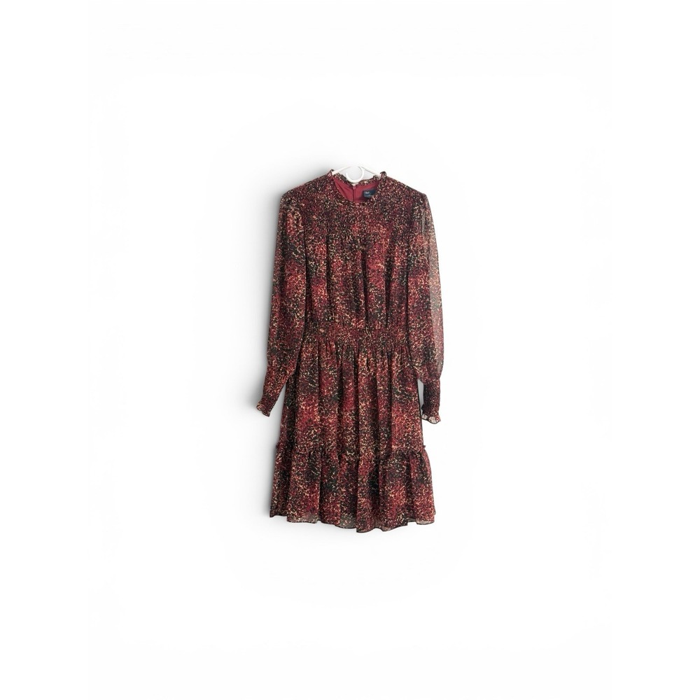 Just Taylor Floral Smocked Midi Dress Size 10 Burgundy Long Sleeve Boho